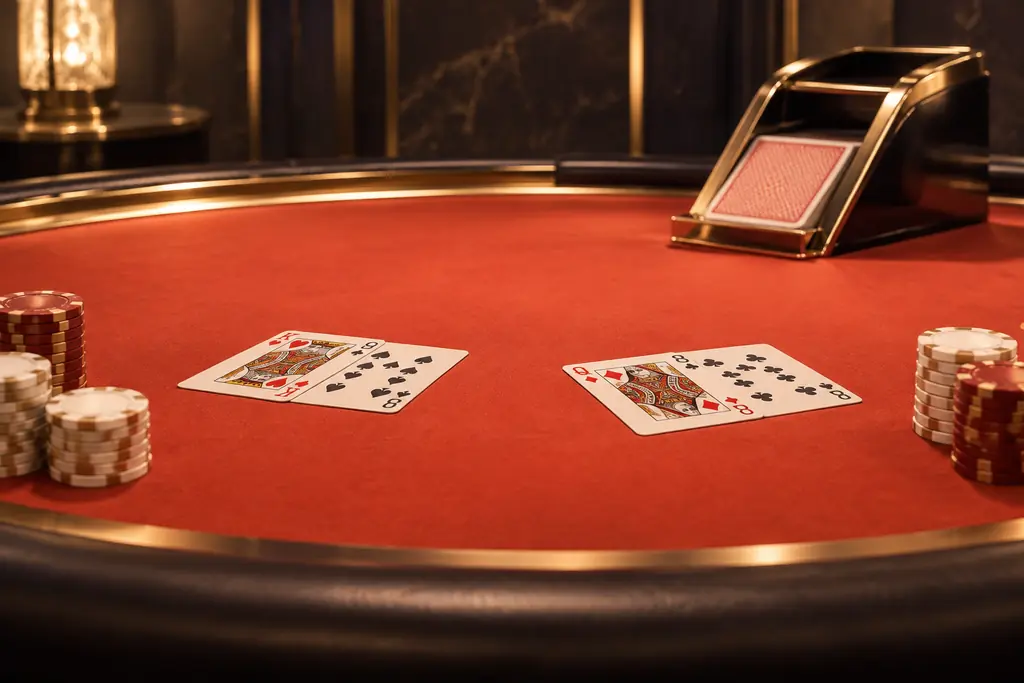Dua kelompok kartu dan cip tersusun pada meja baccarat kasino