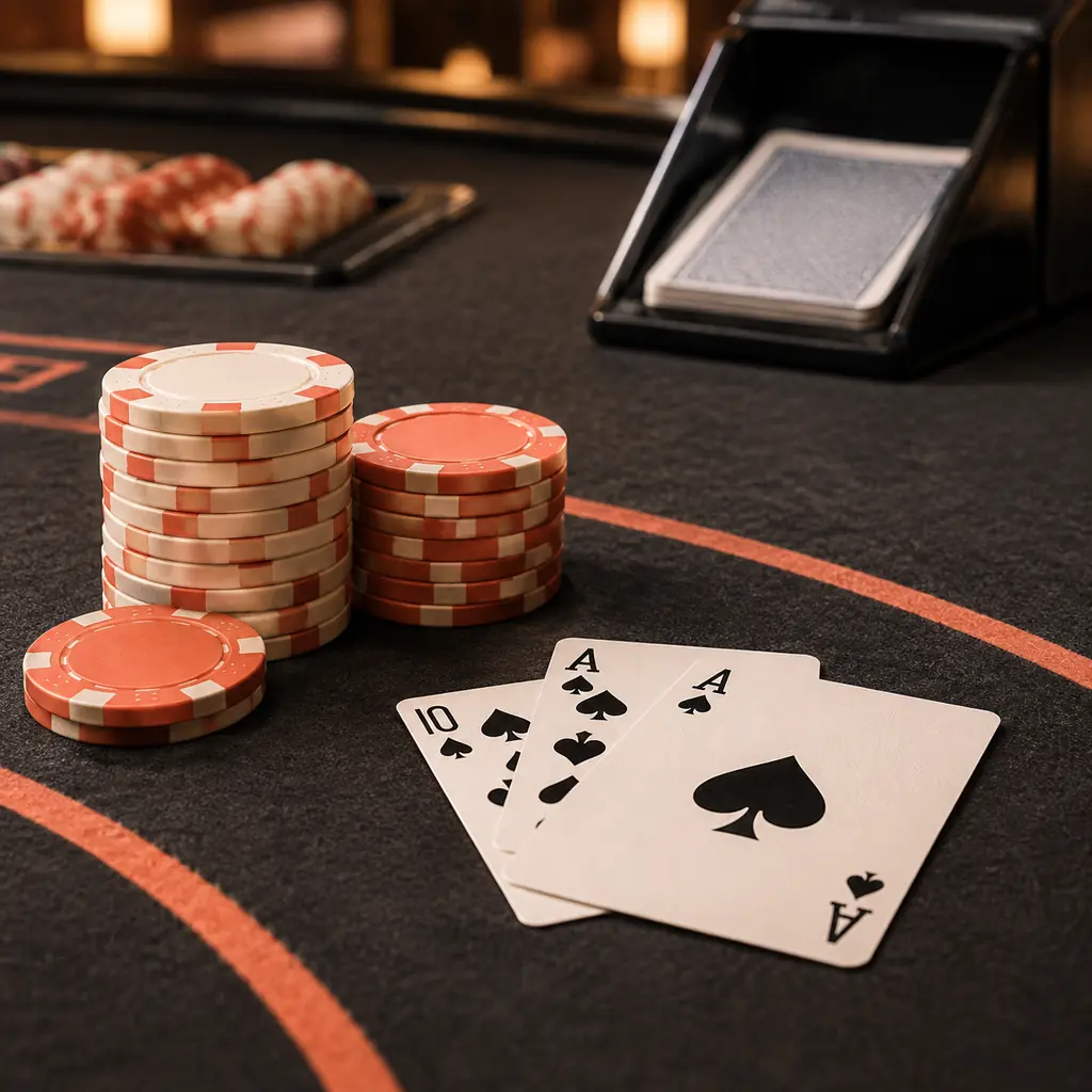Kartu as dan sepuluh dengan cip pada meja blackjack kasino