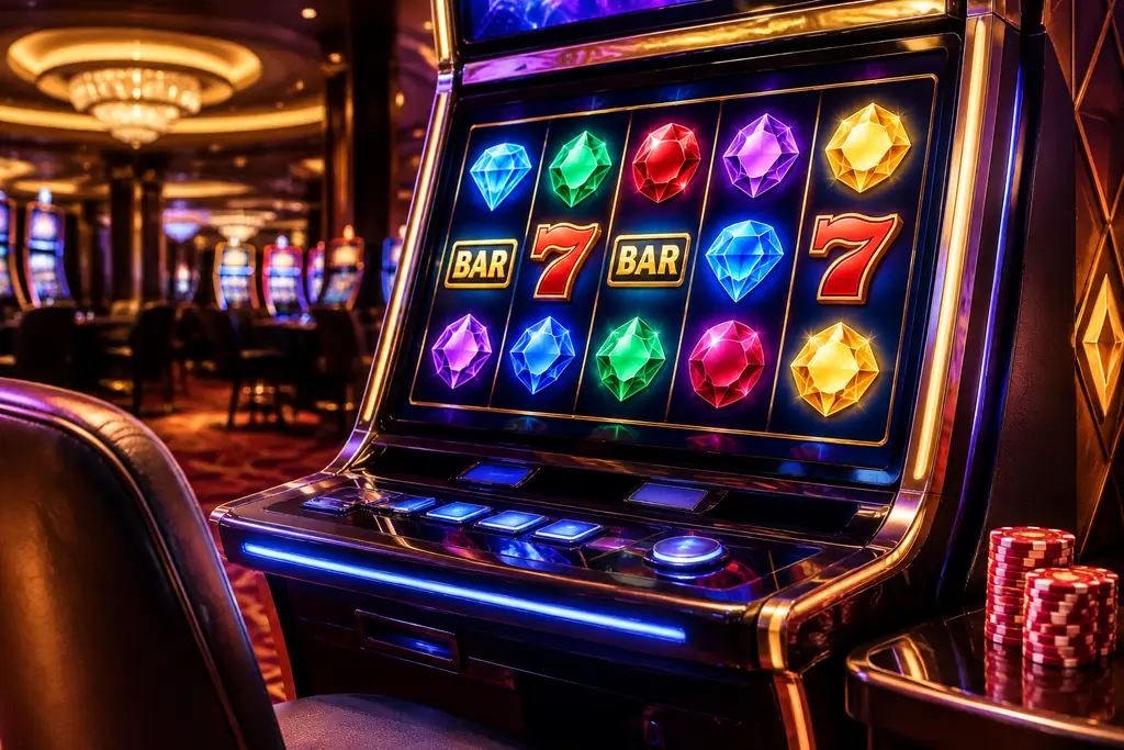 Mesin slot bertema permata dengan cip koral di ruang kasino