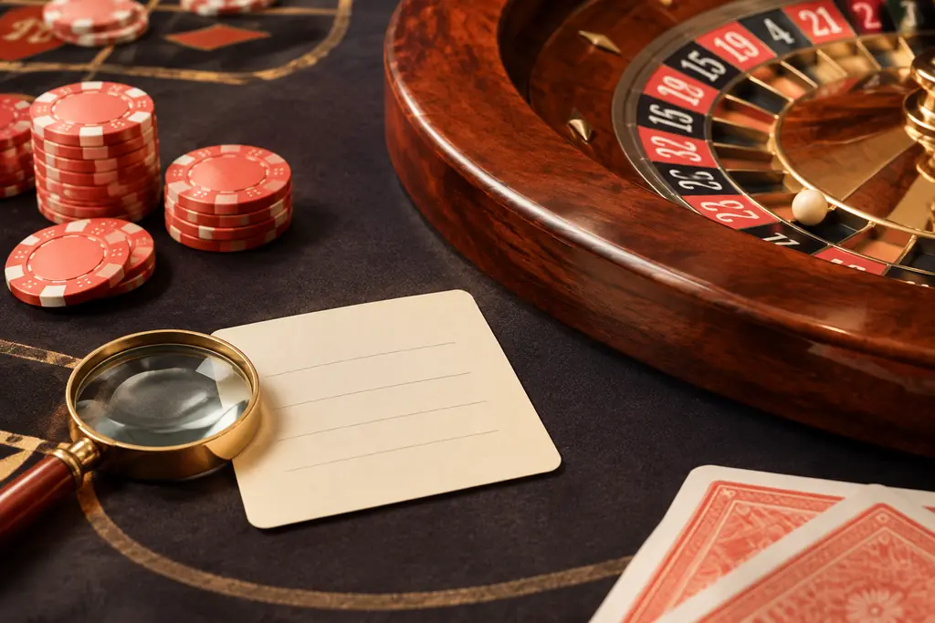 Kartu catatan kosong dan kaca pembesar di samping roda roulette serta cip