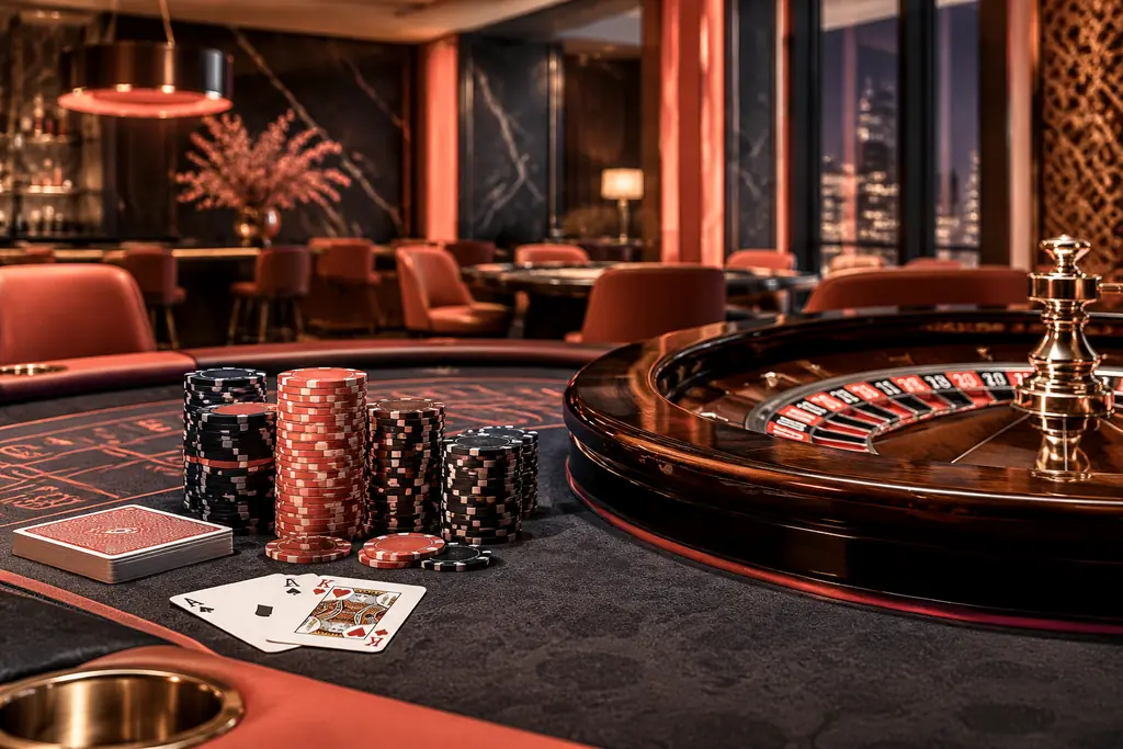 Meja kartu dan roda roulette dalam interior kasino bernuansa koral