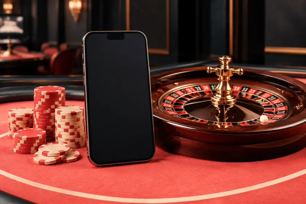Ponsel tanpa data akun di samping roda roulette dan tumpukan cip