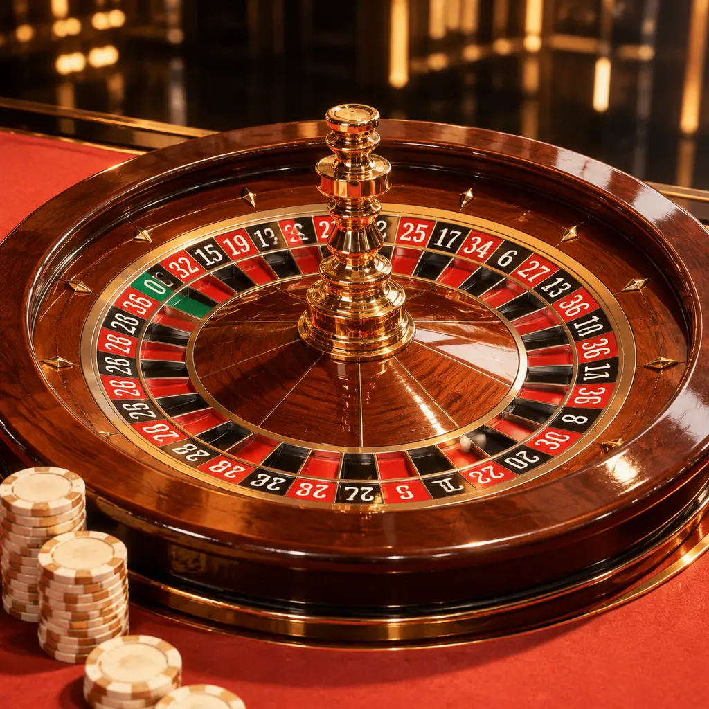 Roda roulette kayu dengan bola putih dan cip koral di meja kasino