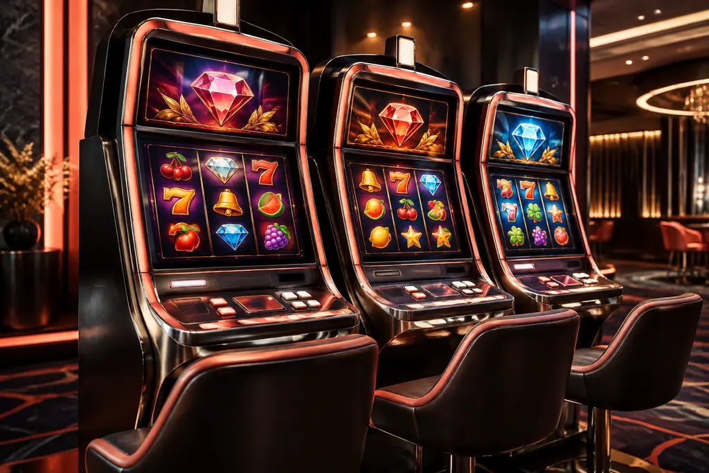 Deretan mesin slot kasino dengan layar simbol permata dan tombol tanpa teks